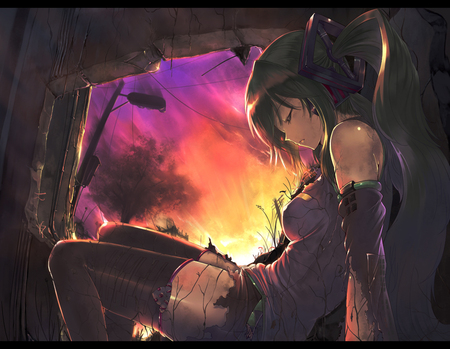 hatsune miku - blue hair, sadness, twin tails, ripped clothes, sunset, stockings, vines