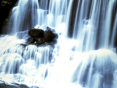 beautiful waterfall - greens, big, waterfall, beautiful, korea, stones