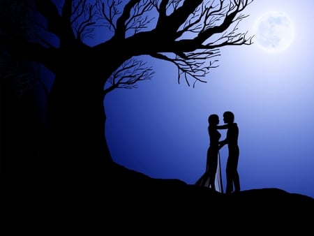 DANCING UNDER THE MOONLIGHT - sky, silhouette, dance, couple, night, romantic, tree, moonlight, dancing