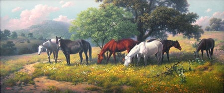 Utopian Midday - meadow, horse, mountain, tree