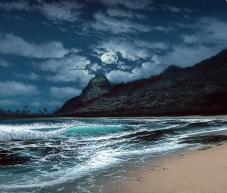 Silver blue - clouds, moon, silver blue, beach, night, ocean