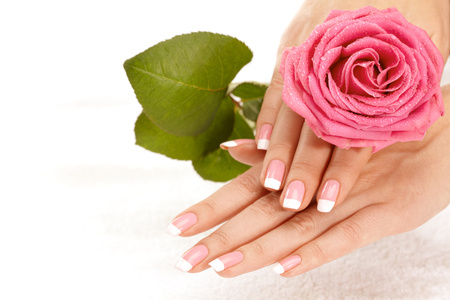 Rose - nice, woman, photography, wet, rose, gentle, manicure, cool, pink, hand, beautiful, photo, flower, drops, elegantly, harmony