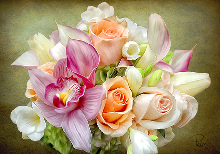 Bouquet - elegantly, roses, gentle, flowers, nice, art, calla, beautiful, freesia, orchid, colors, cool, flower, bouquet, harmony, drawing, nature, painting, rose