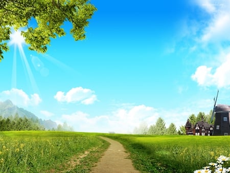 Beautiful field - cloud, sky, path, landscape, nature, green, grass