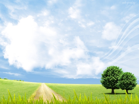 Bright fantasy world - cloud, sky, landscape, field, tree, nature, green