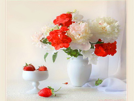 Sweetness - white, peonies, strawberries, red, vase