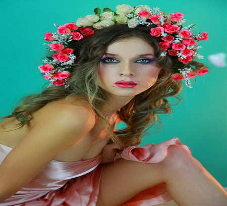 Spring beauty - roses, beauty, crown, flowers, spring, brunette, white and pink, woman