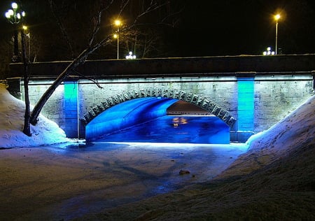 Blue bridge - dark, blue, river, night, water, bridge, lights