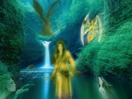 FANTASY WORLD - angel, warrior, waterfall, fantasy, world, females, forest, fish, dragon