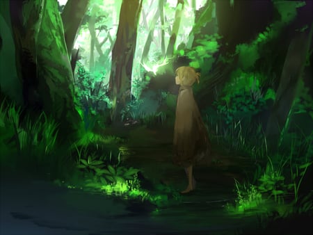 Len Kagamine - trees, anime, vocaloid, kagamine, beautiful, girl, light, forrest, green, vocaloids, len