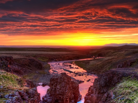 Sunset - beauty, sky, landscape, peaceful, colorful, water, sunset, lovely, rocks, nature, view, clouds, beautiful, river, colors, grass