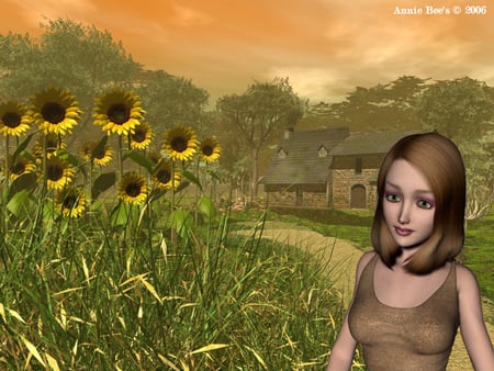 Tamara - fantasy, sunflowers, house, girl, other