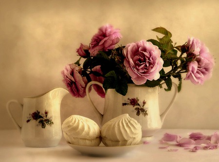 Confections - teapot, pitcher, roses, flowers, still life, plate, cookies