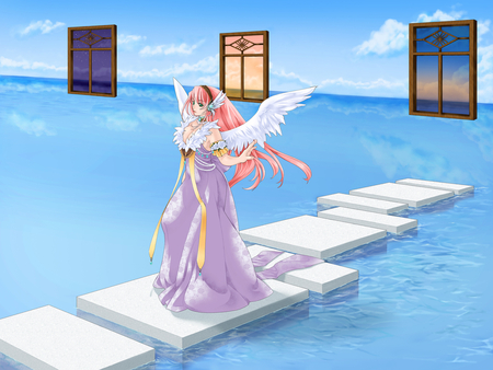 Water walk - sky, angel, girl, water, wings, anime