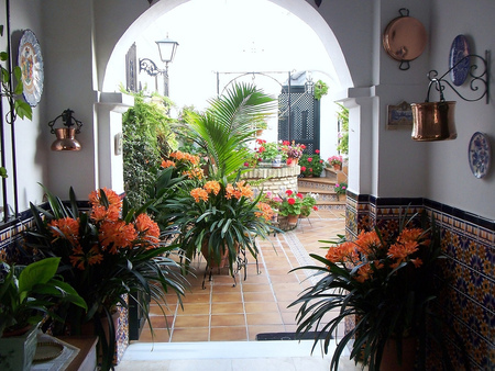 Villa Patio - villa, patio, beautiful, red, pot flowers, orange