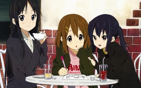 Being Cute Around A Table - paper, nakano azusa, pretty, cute, twin tails, short hair, brick, pen, group shot, chair, k-on, long hair, table, hirasawa yui, akiyama mio, drinks