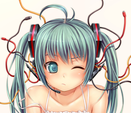 Hatsune Miku - aqua, headset, music, anime girl, white, cool, aqua eyes, last night, hatsune miku, song, vocaloids, program, vocaloid, pink, beautiful, blush, diva, dress, beauty, nice, twintail, wires, aqua hair, singer, black, virtual, cables, pretty, idol, anime, wink, miku, cute, good night, girl, white dress, hatsune, microphone, headphones, red, awesome