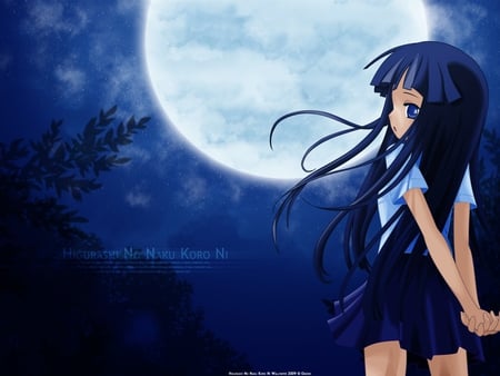 Furude Rika - moon, furude, girl, female, rika, when they cry, long hair, night, higurashi, higurashi no naku koro ni, blue hair, furude rika, anime, character