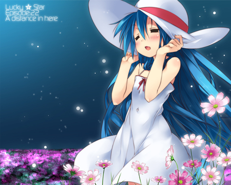 Izumi Kanata - hat, lucky star, anime, izumi, dress, kanata, long hair, flowers, white dress, mom, blue hair, mother, izumi kanata