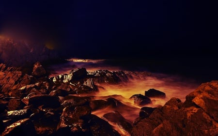 Glowing Stones - water, mist, rocks, colours, glowing, dark, fog, stones, colourful