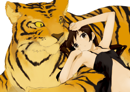 Anime - black, anime, brown, girl, tiger