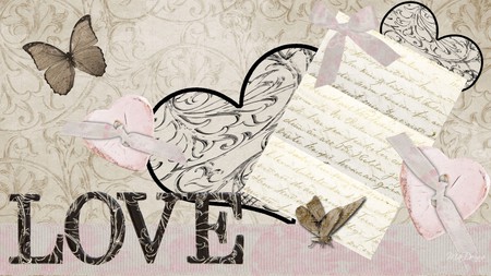 Love Just Is - letter, buttons, firefox persona, vintage, moth, old, butterfly, hearts, antique, ribbons