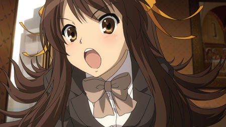 Suzumiya Haruhi - long hair, haruhi, brown hair, suzumiya haruhi, school uniform, the disappearance of haruhi suzumiya, charater, anime, ribbon, suzumiya