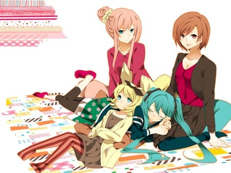 Vocaloid Girls - sleeping, brown eyes, aqua hair, hair ribbons, brown hair, blonde hair, megurine luka, anime, hatsune miku, skirt, kagamine rin, leggings, blue eyes, meiko, pink hair, green eyes, pantyhose, twin tails, vocaloid