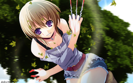 you better run - sky, girl, anime, weapon, tree, blood