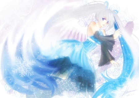 Hatsune Miku - pretty, snowflakes, snow, pink, light, white hair, yuki miku, yuki, nice, program, sparkle, blue dress, beauty, virtual, white, gray, cute, aqua eyes, song, vocaloid, anime, twintail, dress, hatsune miku, music, aqua, idol, anime girl, winter, beautiful, singer, girl, cool, black, glow, miku, awesome, diva, aqua hair, hatsune, vocaloids