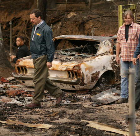 Classic Mustang - dirt, fire, car, men