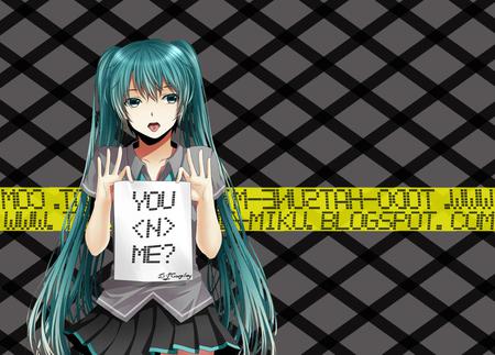 You N Me? - aqua, hot, tongue, music, thighhighs, anime girl, white, yellow, cool, aqua eyes, hatsune miku, skirt, tongue piercing, sexy, piercing, song, vocaloids, program, vocaloid, beautiful, uniform, diva, nice, beauty, twintail, singer, aqua hair, black, virtual, pretty, idol, anime, miku, cute, girl, hatsune, paper, tie, awesome, gray