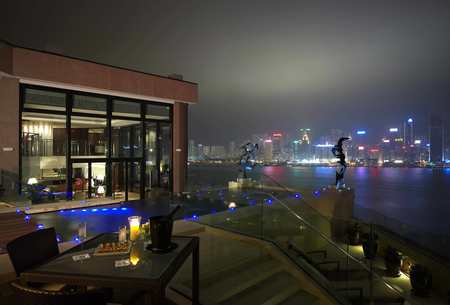 Lovely View - beauty, sky, peaceful, candles, champagne, water, chairs, hotel, view, river, table, romance, architecture, candle, night, buildings, lovely, skyscrapers, chair, skyline, romantic, blue, beautiful, city, colors, pool, lights