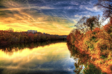 Golden river - blue, rivers, landscape, reflection, hdr, golden, sky, sun, clouds, trees, water, beautiful, beauty, river, nature, background, building