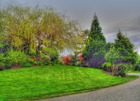 A piece of heaven - alley, landscape, grass, spring, flowers, red, garden, sky, clouds, piece heaven, trees, beautiful, sesons, beauty, nature, green, background