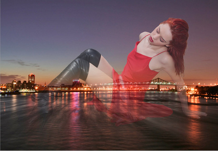 Red fantasy - town, boots, nights, reflection, red, sky, women, clouds, abstract, water, black, fantasy, high heels, lady, lights, underwater, 3d, bridge