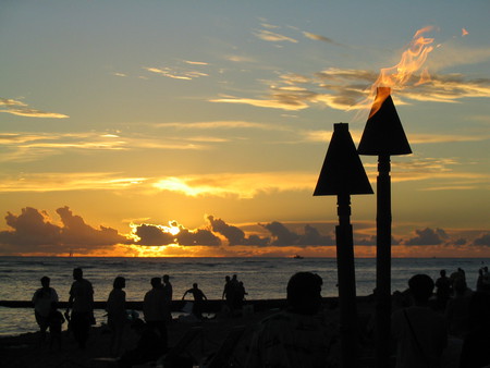 Hawaiian Sunset - tiki lamps, beach, boats, people, hawaii, sunset