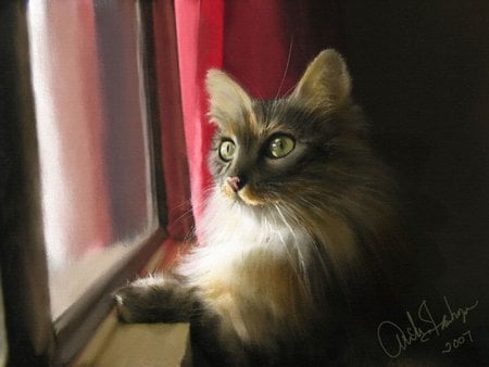 Waiting For My Family - waiting, window, painting, cat, family