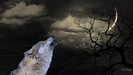 Call of the Wild - clouds, moon, winter, wolf, haunting, night, howling, firefox persona, tree, halloween, sky