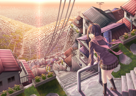 View - anime, sunset, town, view, girl, sea