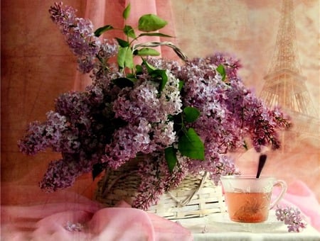 Tea In Paris - flowers, basket, spoon, eiffle tower, pink fabric, lilacs, teacup, still life