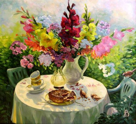           feathered  guests  - cups, vase, pie, chairs, table, flowers, songbirds, saucers, garden