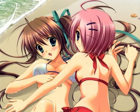 girls on the beach - girls, anime, beach, pink hair, brown hair