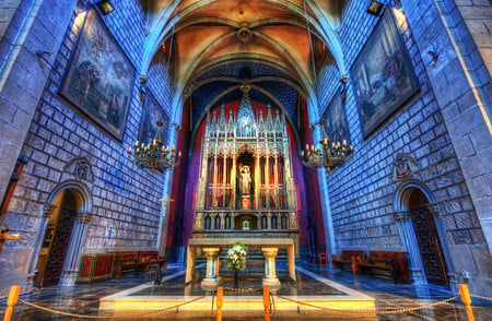 Cathedral - spain, beauty, peaceful, colorful, bench, lovely, church, blue, barcelona, beautiful, city, architecture, colors, cathedral, flowers, religious