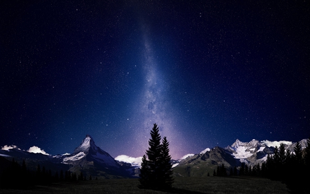 Simply Beautiful - blue, amazing, landscape, snow, night, photo, stars, mountain, space, alpine, view, milkyway, sky, trees, beautiful, beauty, lovely, tree, nature, panorama, mountains, peaceful