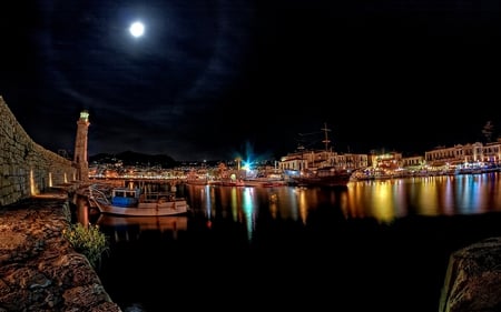 Lovely View - boat, night, harbour, reflection, sailboats, sailing, view, port, houses, sky, house, moon, water, beautiful, sea, city, beauty, colors, lovely, architecture, buildings, moonlight, boats, colorful, nature, lights, sailboat, peaceful