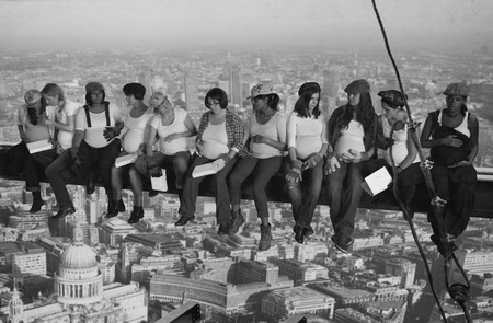 Women on a I Beam - beam, women, city, sky