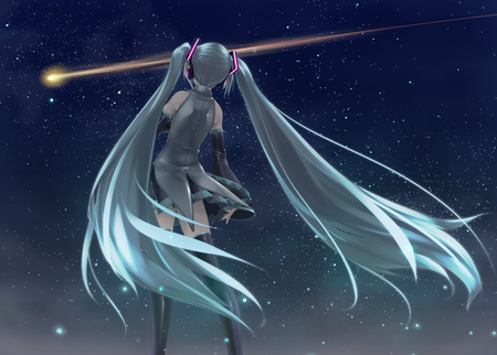 Hatsune Miku - pretty, vocaloid, thighighs, hatsune miku, long hair, stars, headphones, comet, twin tails, beautiful, singer, thighhighs, diva, aqua eyes, shooting star, cute, aqua hair, thigh highs