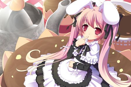 bunny_ears girl - pink hair, red eyes, long hair, bunnygirl