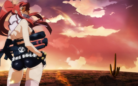 Yoko Littner - pretty, yoko, anime, female, long hair, red hair, sun glasses, litter, yoko littner, gurren lagann, hot, gun, girl, scarf, tengen toppa gurren lagann, sexy, rifle, character, gloves